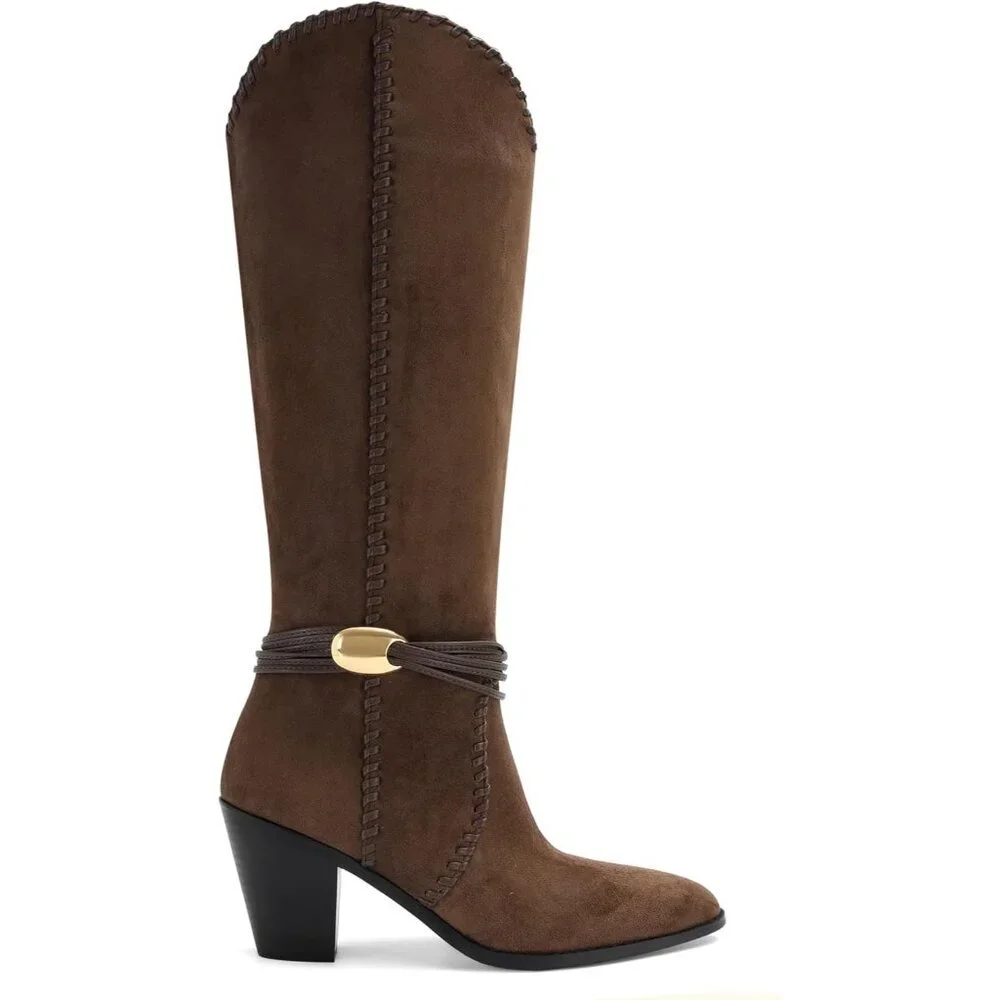 Women's Chocolate Suede Cowboy Pointed Toe Knee High Chunky Stylish Comfort Heel